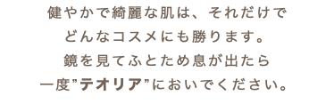 健やかで綺麗な肌は、それだけで どんなコスメにも勝ります。 鏡を見てふとため息が出たら 一度”テオリア”においでください。